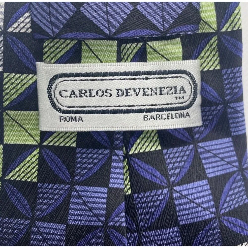 Carlos Devenezia Roma Barcelona 100% Silk Tie Green Blue Squares Men's Hand Made